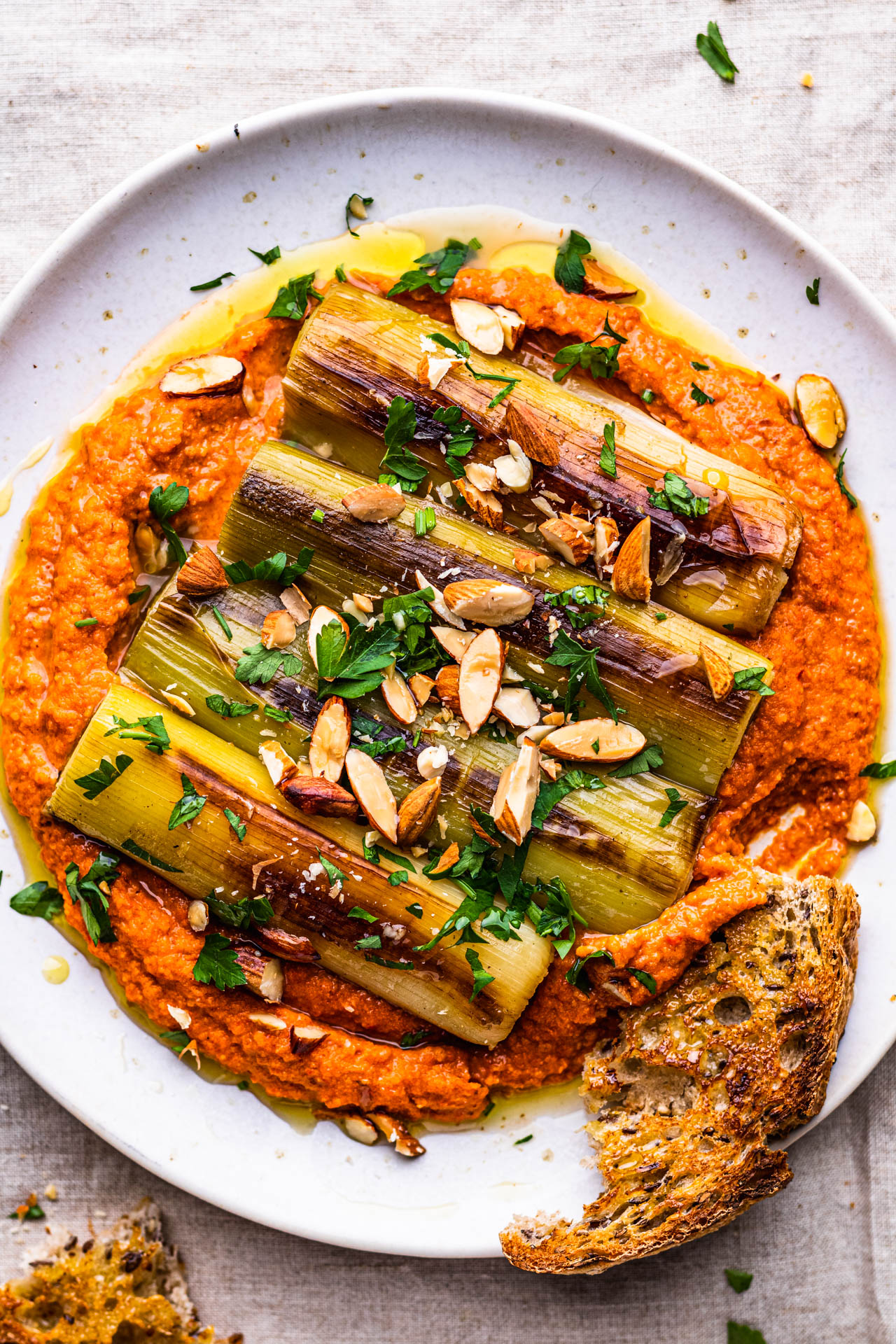 Braised leeks on romesco from Lazy Cat Kitchen