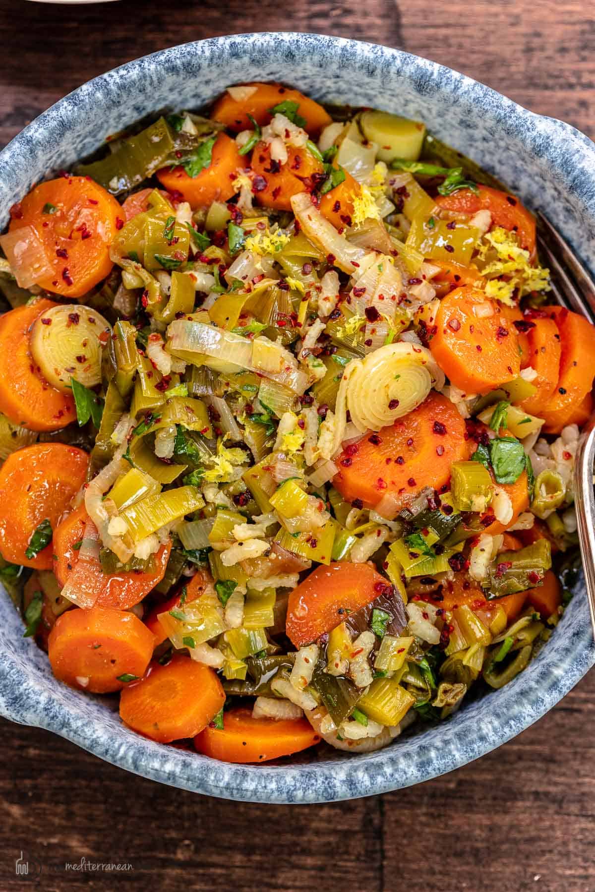 Turkish-style leeks in olive oil from The Mediterranean Dish