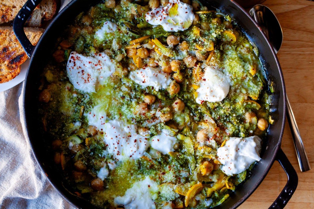 Braised chickpeas with zucchini and pesto from Smitten Kitchen