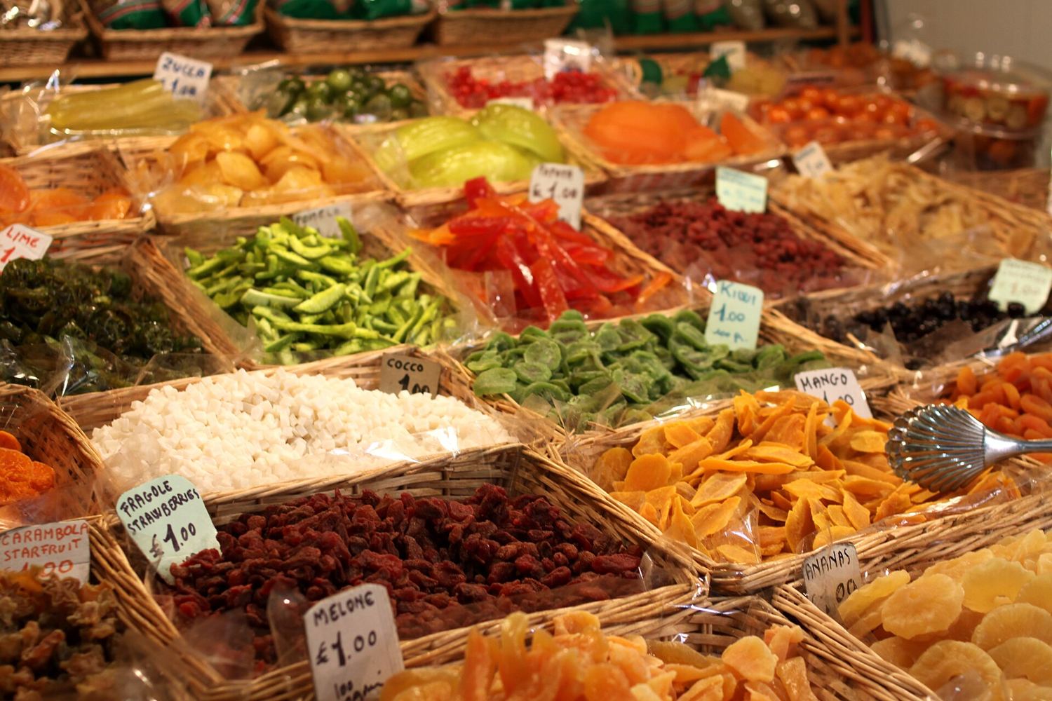 Fruit and dried fruit stalls at the Mercato Centrale in Florence