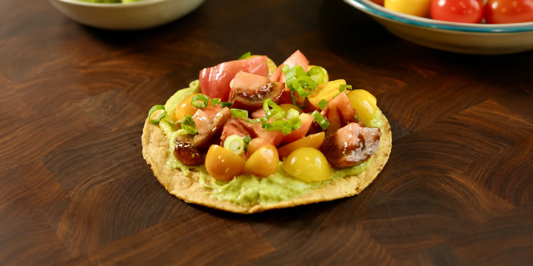 Heirloom tomato tostadas, made with Heirloom Corn Masa Harina from Masienda