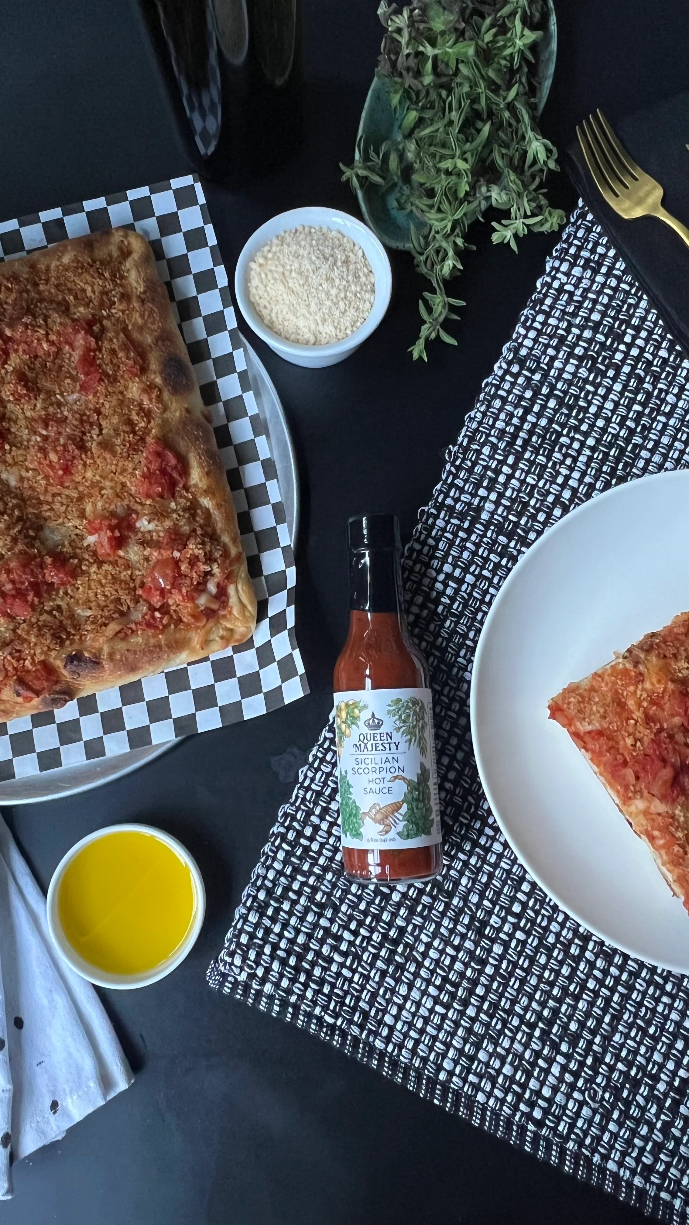Sfincione with a scorpion kick, made with Sicilian Scorpion Hot Sauce from Queen Majesty
