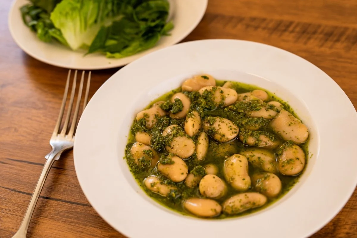 Royal Corona beans with pesto, made with Royal Corona Beans from Rancho Gordo